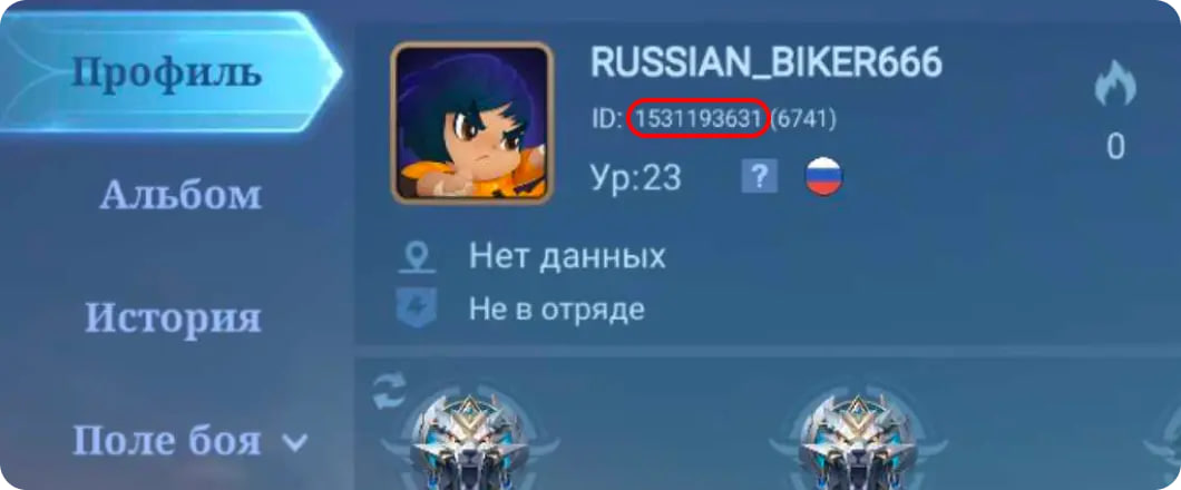Где найти ID и сервер в Mobile Legends?